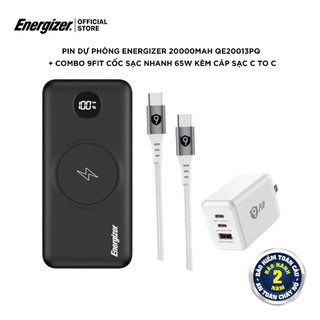 Combo sạc dự phòng Energizer 20000mAh QE20013PQ -  sạc nhanh 9FIT 65W - Cáp C to C 1M  - Hàng chính hãng