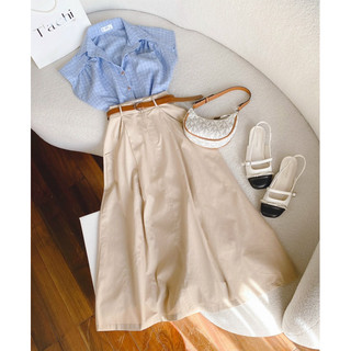 Set sơ mi kẻ xanh chân váy nude 18001