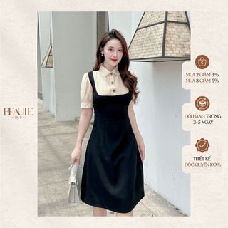 BEAUTEBYV - Váy nữ chiết eo phối tơ xếp be Darling