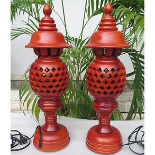 Cặp đèn thờ gỗ tràm bông vàng cao 48cm
