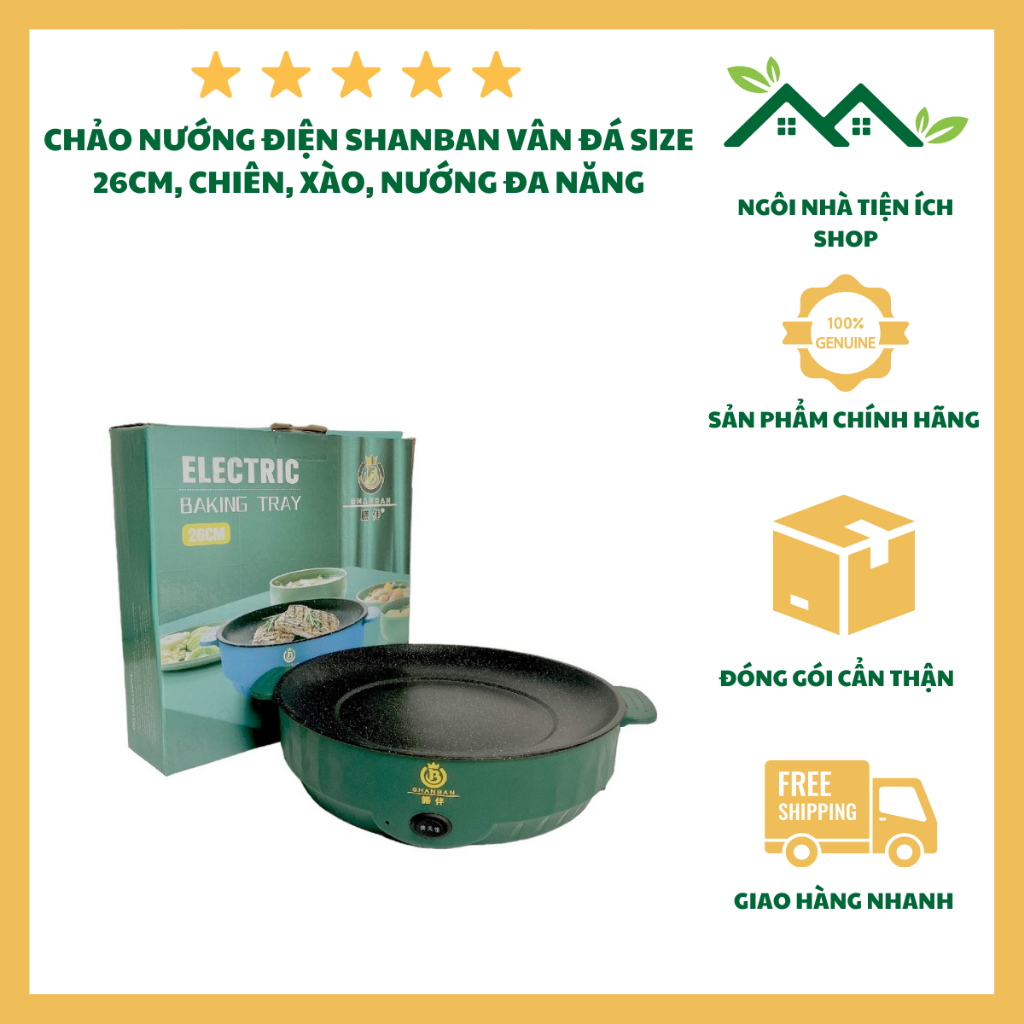 Chảo Nướng Điện SHANBAN Xanh Lá Vân Đá Size 26cm, Chiên, Xào, Nướng Đa Năng Tiện Lợi Cho Gia Đình
