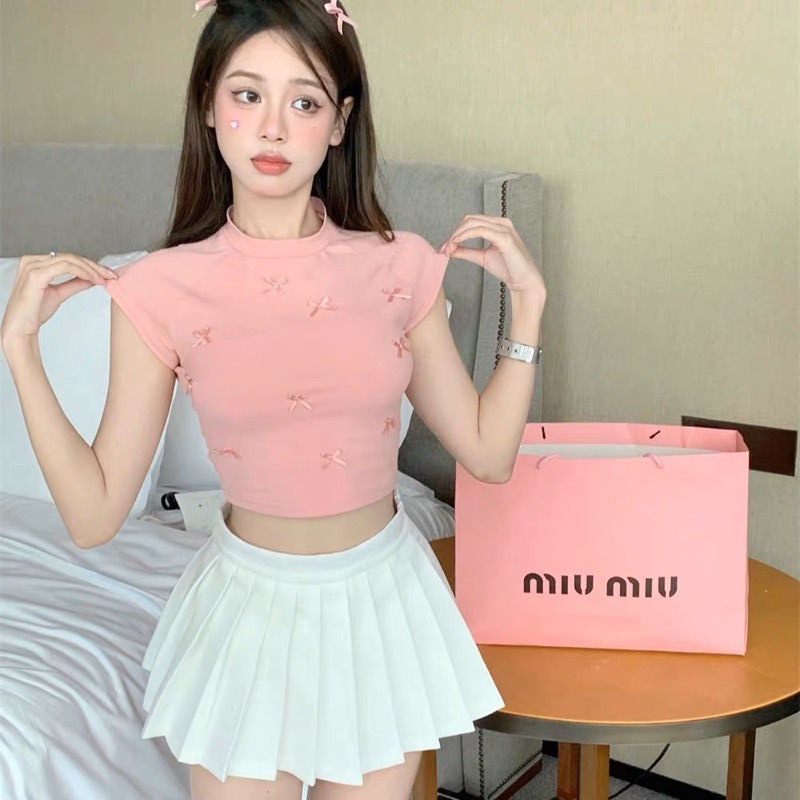ÁO CỔ TRÒN CROPTOP NGẮN TAY ĐÍNH NƠ HÀNG QC CAO CẤP