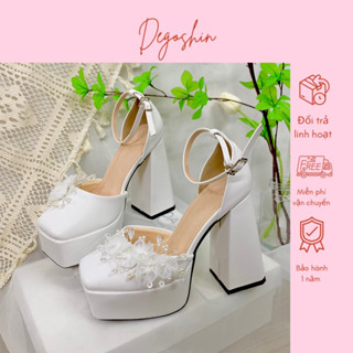  Giày cao gót đúp 13cm Dáng Barbie thiết kế đính Hoa Linh Lan Trắng phối đá lấp lánh - Degoshin 