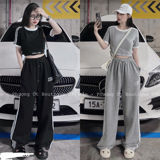 Set bộ croptop quần xuông thêu chữ qc l1