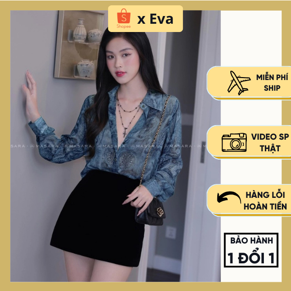 Áo Sơ Mi Nữ Dài Tay Lụa Voan Mỏng Họa Tiết Màu Xanh Dương