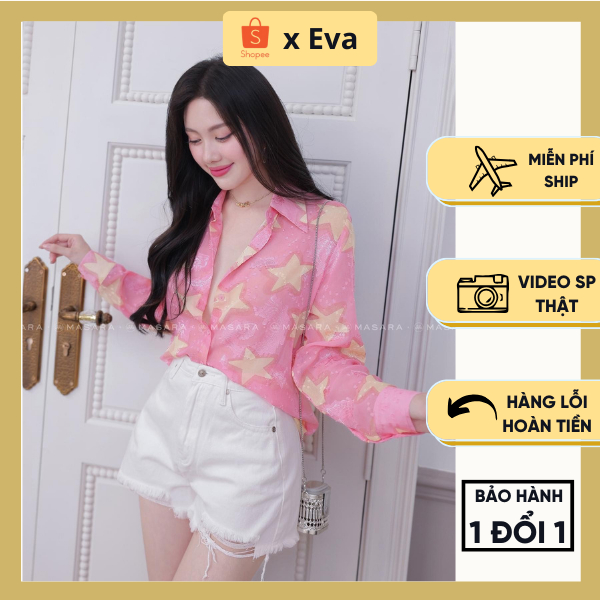 Áo Sơ Mi Nữ Dài Tay Hồng Lụa Voan Mỏng Họa Tiết Ngôi Sao Hồng Trắng
