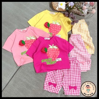 Bộ đùi bé gái DÂU TÂY mùa hè (10-45kg), áo croptop đính trái dâu nổi siêu cưng, quần short lưng thun đính nơ xinh xắn