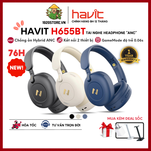 【Hỏa Tốc HCM】Tai Nghe Headphone Bluetooth HAVIT H655BT, Chống Ồn Chủ Động ANC, Gamemode 60ms, Nghe Đến 65H - Chính Hãng