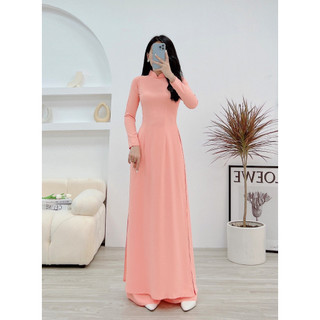 Sét áo dài truyền thống 2 tà chất vải lụa Mỹ cao cấp co giãn màu hồng cam nhẹ nhàng