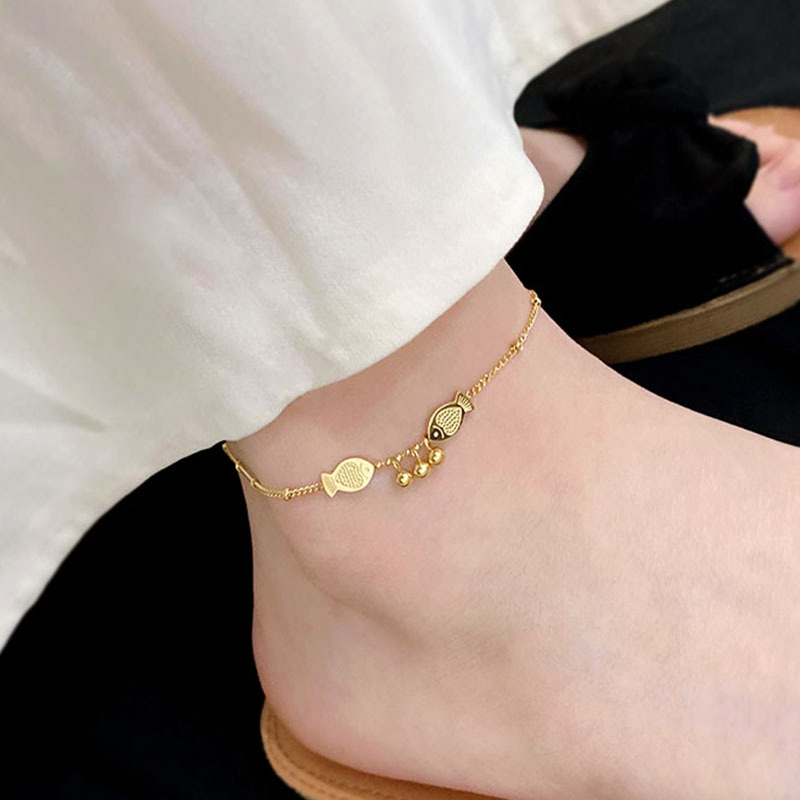 Lắc chân nữ titan con cá đôi hạt bi tròn nổi bật cá tính không gỉ