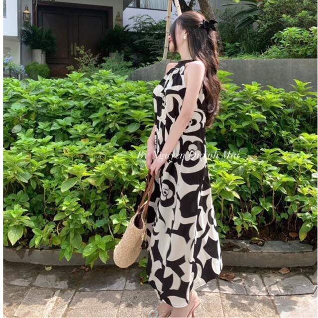 Đầm suông hoạ tiết cổ yếm voan lụa chéo