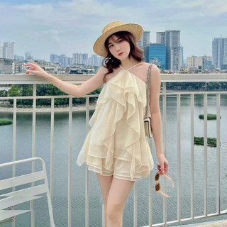 Set tơ cổ yếm viền bèo kèm quần sooc 3 lớp hàng QC - Anna.Store