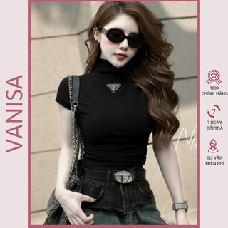 Áo croptop cổ lọ nữ tay ngắn kiểu ôm body trắng đen đẹp cao cấp giá rẻ VANISA PA2244