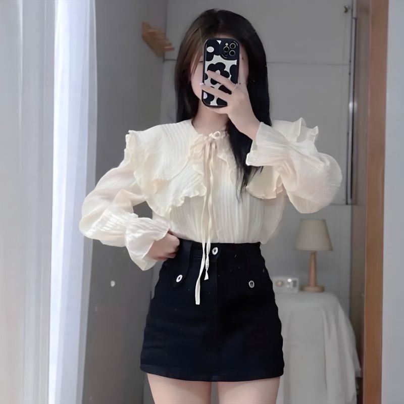 Áo sơ mi cổ bèo nơ cổ bèo tay chất đũi gân hyominstore | BigBuy360 - bigbuy360.vn