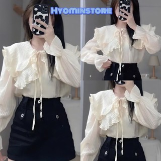 Áo sơ mi cổ bèo nơ cổ bèo tay chất đũi gân hyominstore
