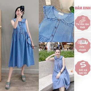 ĐẦM XINH V347-Váy bò JEANS QUẢNG CHÂU CHẤT MỀM MÁT THIẾT KẾ DÁNG BABAY DOLL CỔ SEN KÈM TÚI XINH XẮN MẶC ĐI LÀM ĐI CHƠI