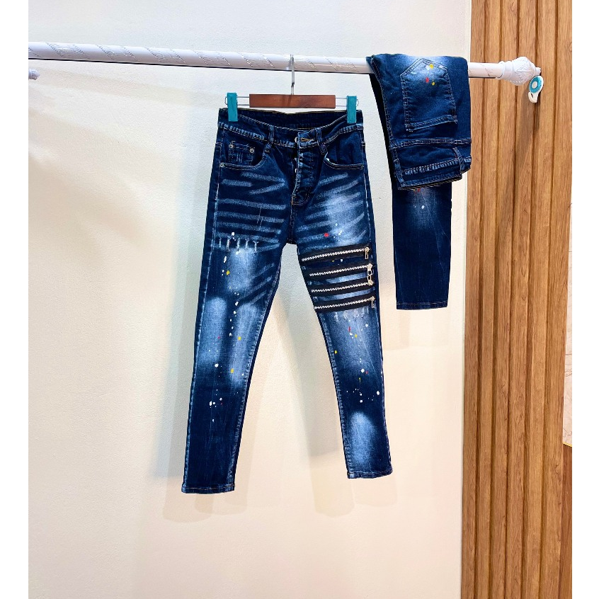 Quần jean xanh ds thêu 4 khóa gối vảy sơn mã 8812