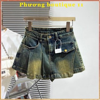 Quần giả váy jean xếp ly cạp cao, quần váy jean túi nắp cá tính trẻ trung