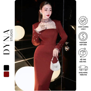 Váy body dài tay dáng dài đính đá giọt lệ cổ và ống tay 𝐀𝐒𝐇𝐘𝐋𝐄𝐘 sang trọng