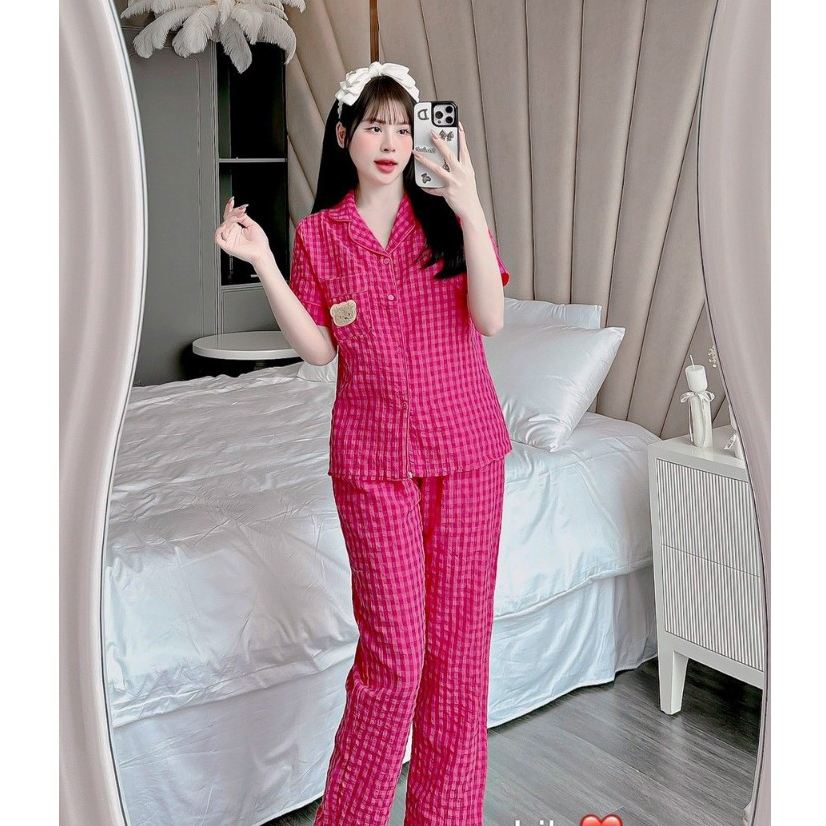 Bộ đồ ngủ Pijama nữ kẻ caro tay cộc quần dài túi gấu