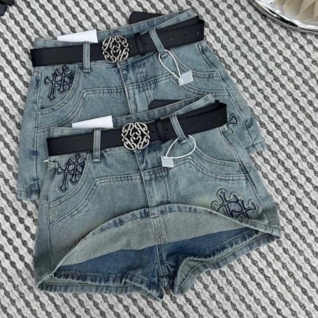 Quần giả váy jeans ngắn chữ thập kèm đai hàng QCL1 - MS3057