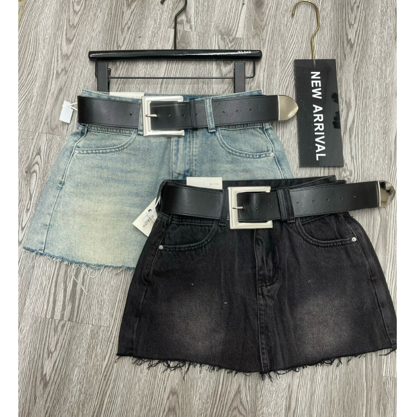 Quần giả váy ngắn jean denim bò gấu xỏa kèm đai to hàng QCL1