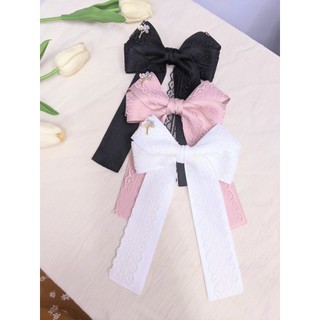 Kẹp tóc nơ lụa trắng phối ren đính charm cành hoa N45