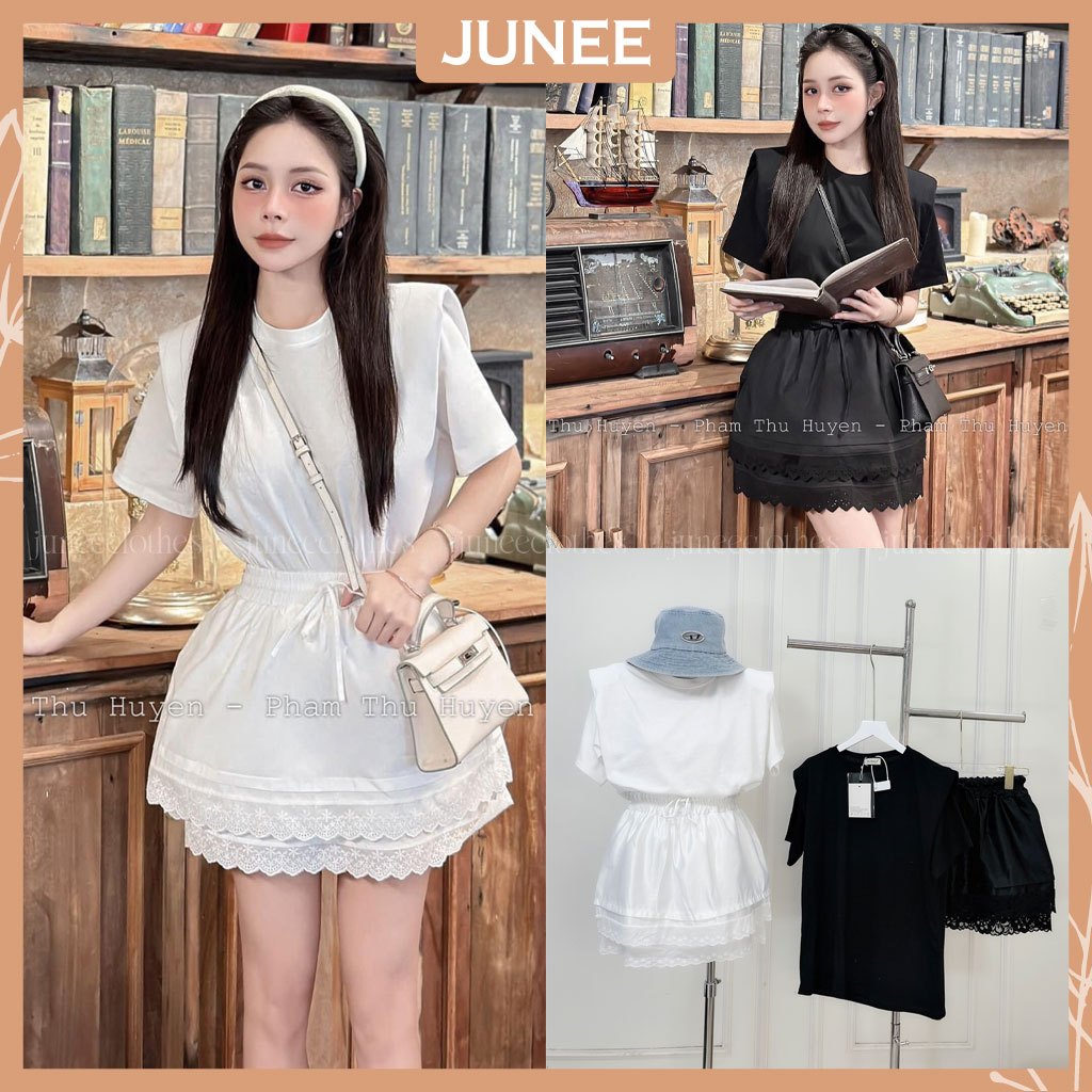 Set Bộ Đồ Nữ Áo Phông Ngắn Tay Đệm Vai Chất Cotton L1 Mix Chân Váy Bồng Ren Freesize