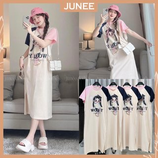 Váy Phông Cô Gái WOODY Ngắn Tay Phối Màu Viền Cổ Đầm Nữ Chất Cotton Túi 2 Bên Dáng Thụng Freesize