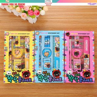 Dụng cụ học tập 7 món bút chì,thước kẻ,gôm tẩy,gọt bút chì,nắp đậy bút_quà tặng học sinh