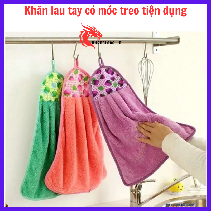 Khăn lau tay có móc treo, khăn lau tay cotton thấm nước tốt, dày dặn dễ giặt sạch, vệ sinh dùng trong bếp