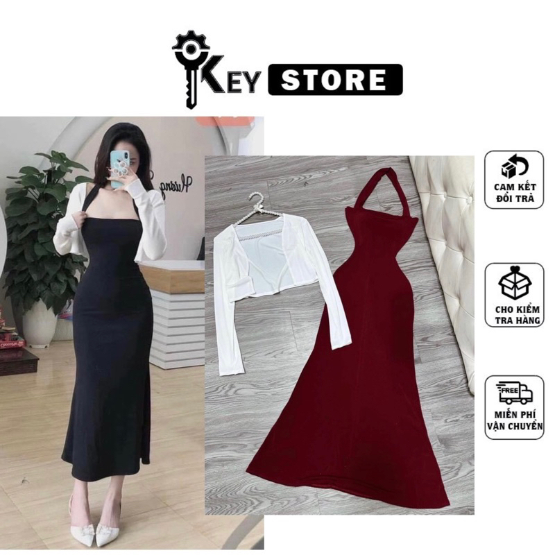 Đầm body hai dây dáng dài đuôi cá kèm áo khoác croptop