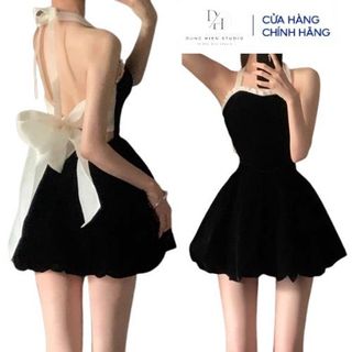  Đầm Body lưng eo Yếm Thắt Nơ Dáng Xoè Dunghien studio Váy Nữ Ôm Dáng Màu Đen viền trắng Phong Cách Ulzzang 