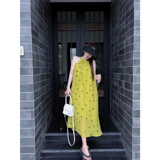 Váy maxi tơ hoa 2s đi biển xếp li ngực dây tết