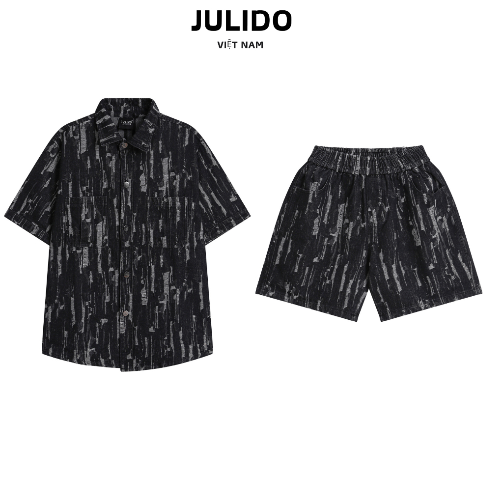 Bộ sơ mi denim jean xước nam nữ tay ngắn Julido cao cấpcotton