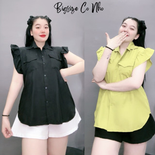 Set bigsize 58-95kg áo sơ mi phối tay bèo chiết eo kèm đồ đùi dáng rộng thoải mái SET56