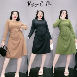 Đầm bigsize nữ ôm body rút dây 2 bên tay áo dài chất vải gân tăm dành cho nàng chuppy 58-95 kg G206