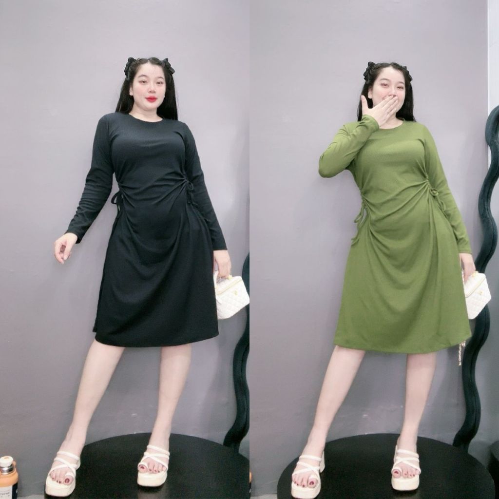 Đầm ôm body bigsize nữ rút dây 2bên tay dài chất vải gân tăm co giãn thời trang màu basic thanh lịch G206