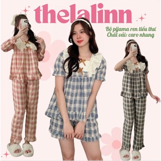 [ẢNH THẬT] Set pijama tiểu thư phối ren xếp ly chất caro nhung nhiều màu dễ thương. Bộ nữ kẻ nhung dáng dài xinh xắn.