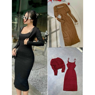 Đầm xu hướng dễ thương du lịch chất LEN REN CAO CẤP ôm body 2 dây maxi kèm áo khoác tay dài 3 XĐ