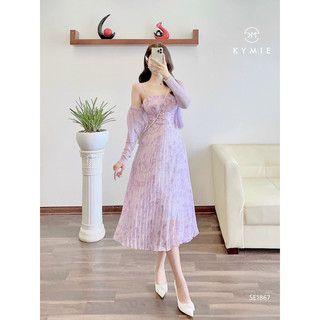 [-30%] Đầm voan hoa dập ly xếp ly ngực 2 dây hoa văn tinh tế tím dài maxi mix áo khoác voan tơ xốp hàn tay dài