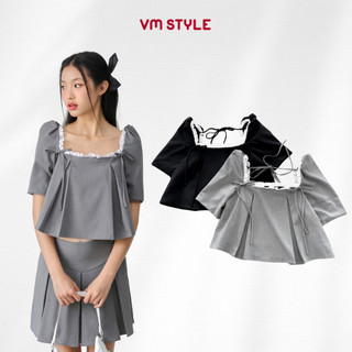 Set nữ VMSTYLE croptop cổ chữ U phối ren cột nơ xếp ly kèm chân váy ngắn đi chơi - ASU00540 CVN00147
