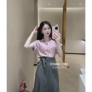 Set bộ áo sơ mi lụa tay ngắn phối chân váy dài thanh lịch,duyên dáng