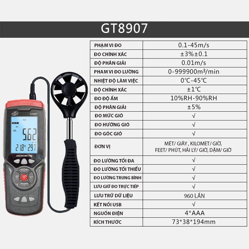 Máy Đo Tốc Độ Gió, Nhiệt Độ Gió, Hướng Gió Benetech GT8907