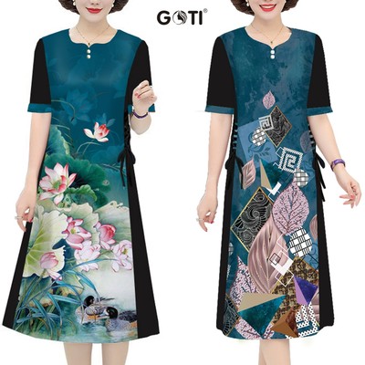 GOTI Đầm Dự Tiệc Trung Niên Cao Cấp Dáng Suông Rộng Eo Bigsize Giấu Bụng Cho Mẹ U50 U60 3336