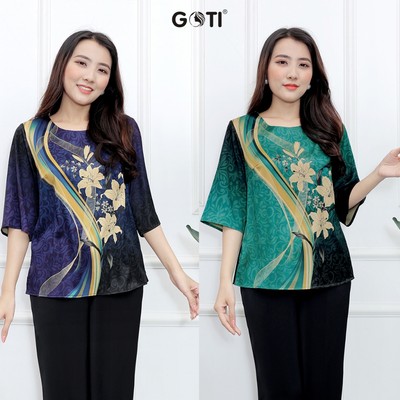 GOTI – Áo Lụa Quà Tặng Mẹ Trung Niên U50 U60 45-80kg – Kiểu Áo Tay Lỡ In Hoa Sang Trọng 3396 3397