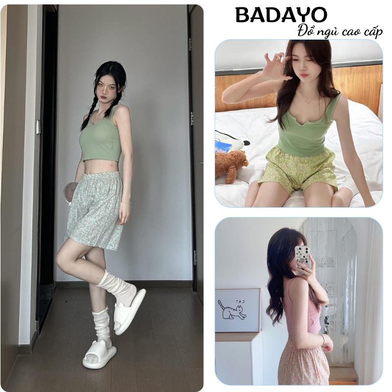Đồ ngủ nữ bộ mặc nhà áo 2 dây phối quần short chất mát kèm mút siêu xịn hàng Quảng Châu BADAYO