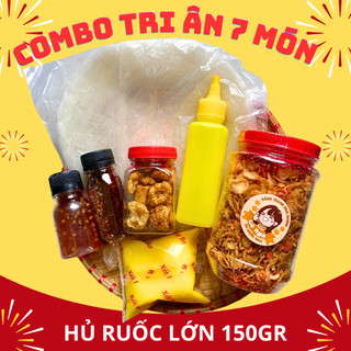 Combo tri ân hủ ruốc lớn: bánh tráng phơi sương, tóp mỡ, ruốc hành phi lớn, sa tế, sốt tắc bơ chai.