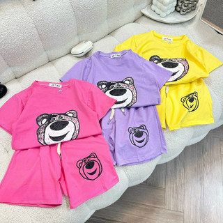Quần áo bé gái, set bộ quần áo chất cotton họa tiết mặt gấu LOSTO cho bé 15-33kg