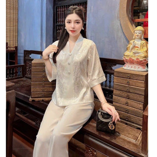 Bộ quần áo đi chùa lụa gấm trắng - đồ lam đi chùa